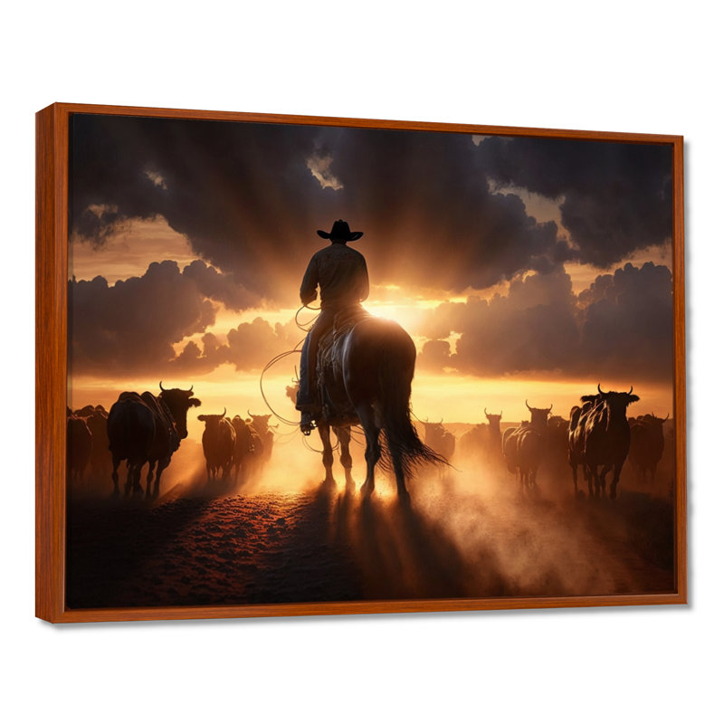 Narvin Wrangler In Sunset IV - art mural coucher de soleil, H 24 po x l 32 po x P 1 po, Cadre flottant brun