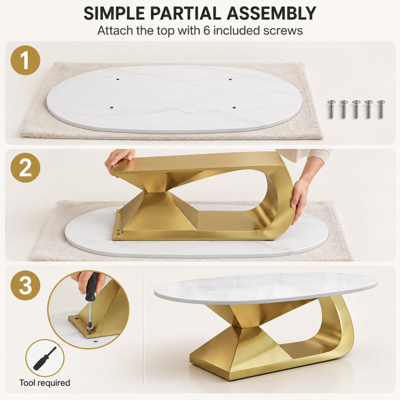 Table basse ovale de 130 cm (51,2 po) avec plateau en pierre frittée et piètement en acier inoxydable doré
