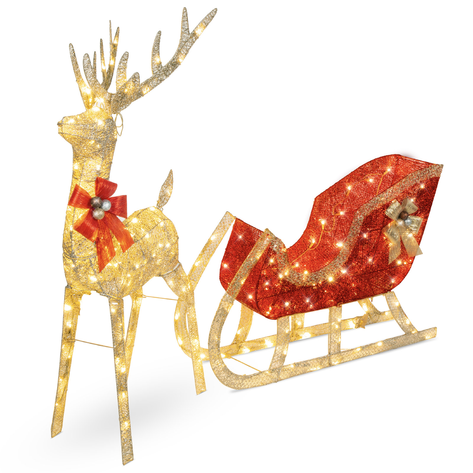 Lighted Reindeer Sleigh Yard Display, Gold, 48"H x 70"W x 15"D