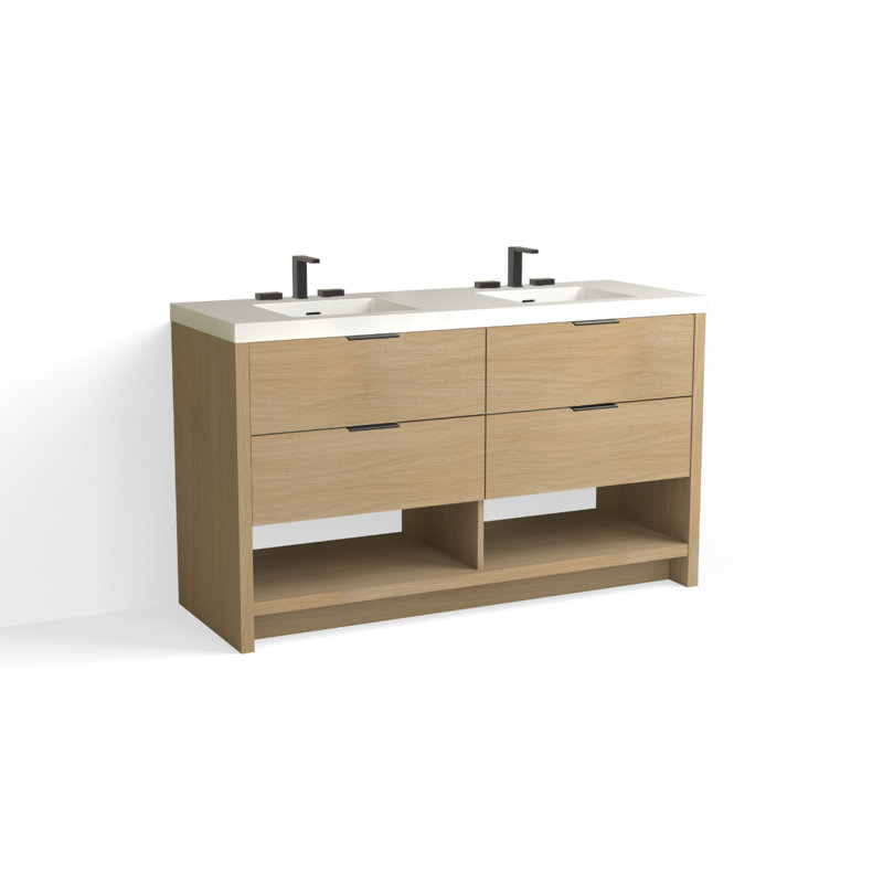 Vue 60" W Freestanding Double Bathroom Vanity, Glossy White/8" Widespread, Matte Black, White Nanomatte