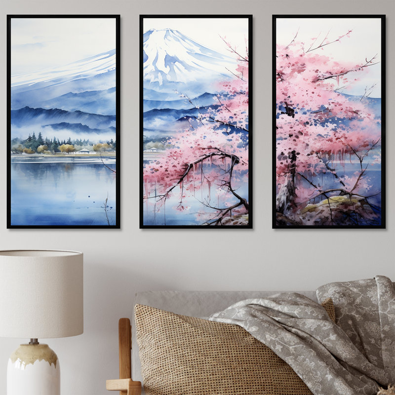 Cherry Blossom Lake, au Japon - Ensemble d'art sur toile Cherry Blossom, Cadre flottant noir, H 32 po x l 48 po x P 1 po