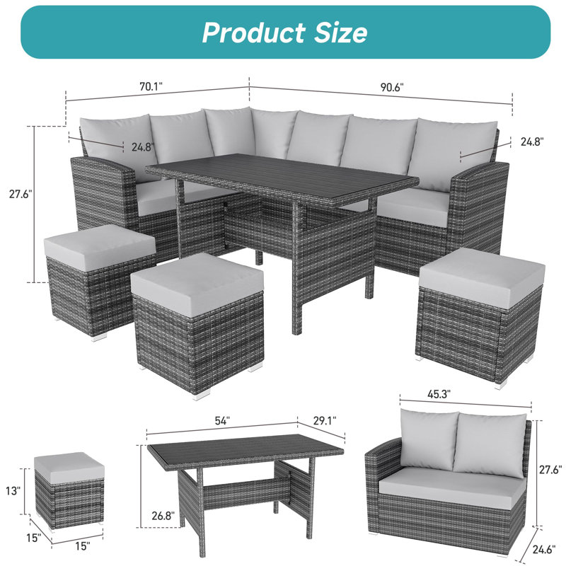 7 Pieces Outdoor Patio Furniture Set, Outdoor Sectional Dining Table Set, Outdoor Furniture With Wicker Rattan Dining Table