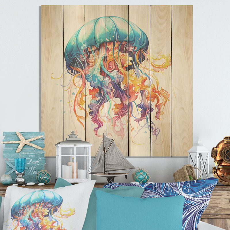 Méduse orange et bleue Jive IV - méduse sur bois, H 15 po x l 15 po