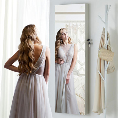 Modern Dove White Frameless HD 6 LED Jewelry Armoire - Extra Large Capacity, Sparkle-Enhancing Lighting, Space-Saving Wall Mount Or Over-The-Door Option, Lockable