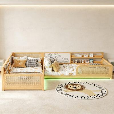 Structure de lit simple en L pour 2 enfants, lits convertibles détachables avec planches, lit pour enfants en rotin avec étagères et lumières