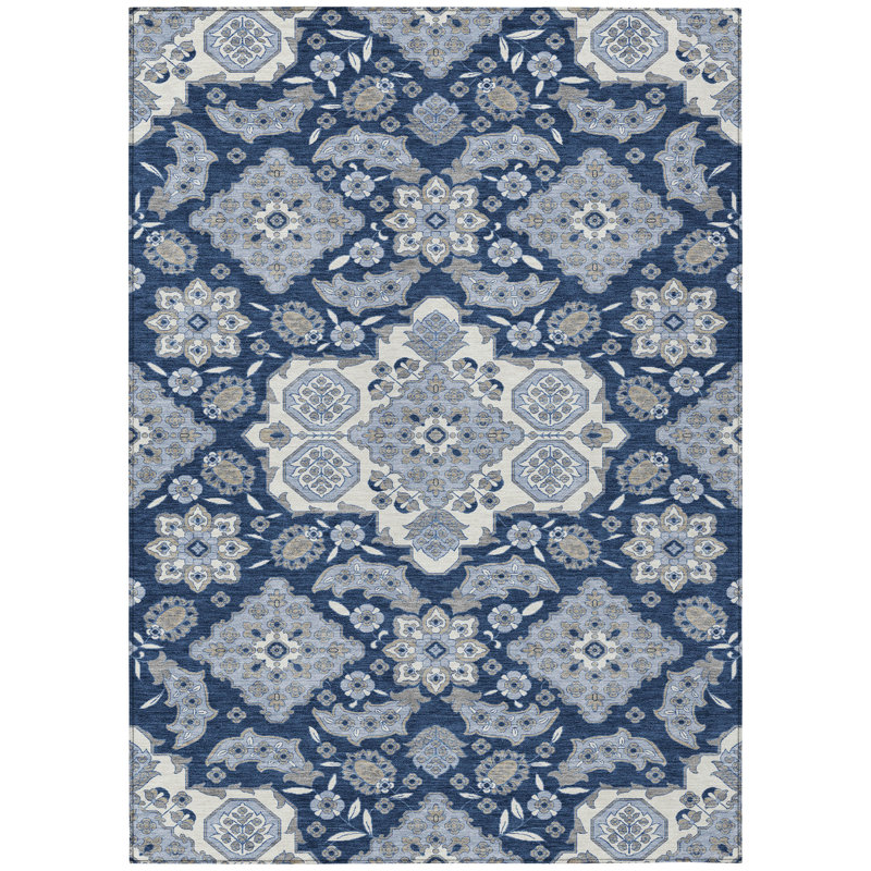 Machine Washable Indoor/Outdoor Xhevrie Blue Rug, Rectangle 8' x 10'