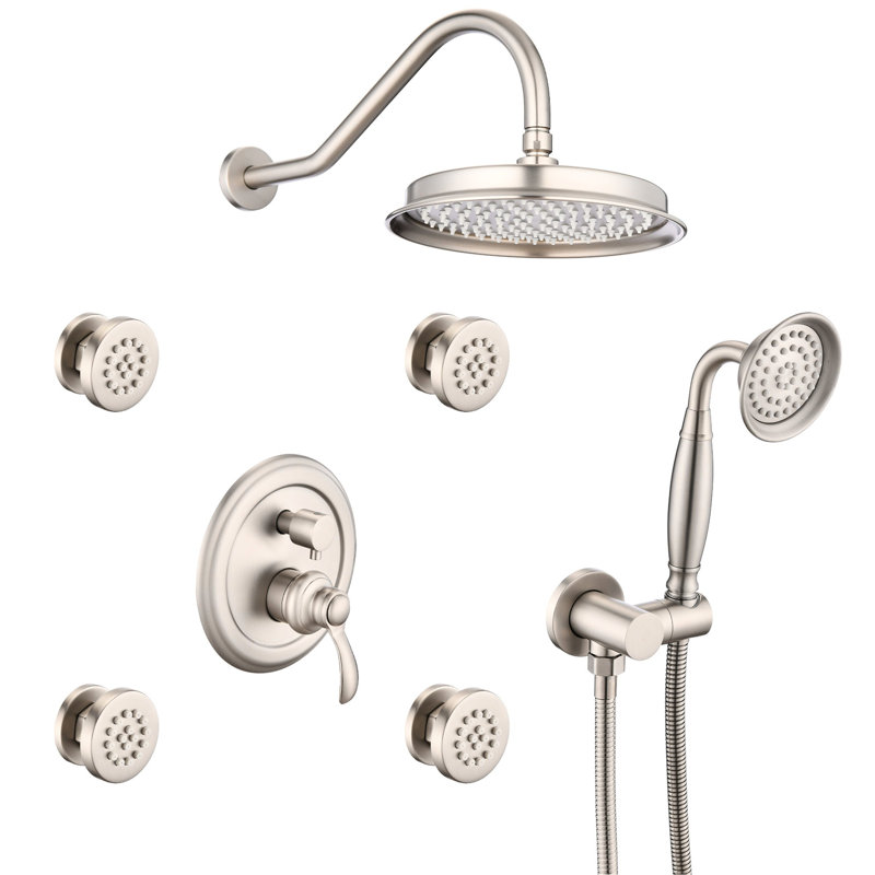 Brushed Nickel Bathroom Shower Faucet With Powerful Spray Patterns And Included Body Jets Fixture Construction, Jet Arm
