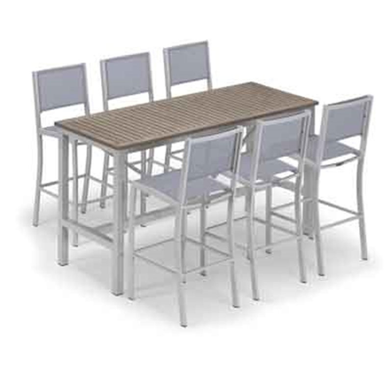 Travira 7-Piece Bar Table and Sling Bar Chair Rectangular Dining Set - 72"x30", Silver/Gray , Black