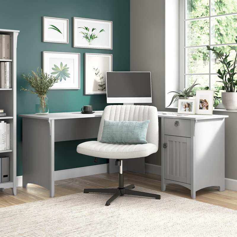 60W L Shaped Desk with Storage in Cape Cod Gray, Cape Cod Gray