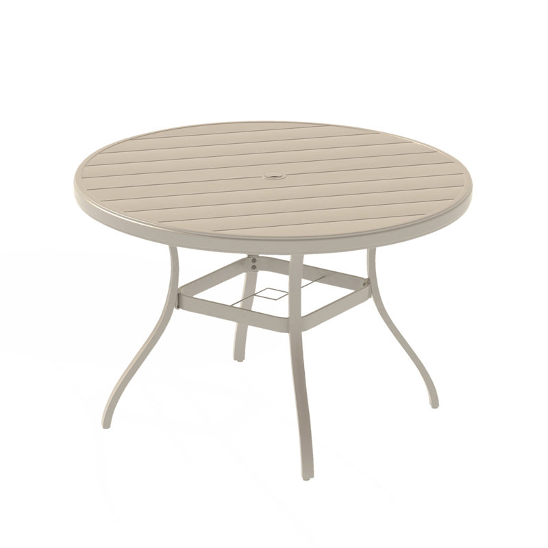 Table de salle à manger ronde pour l'extérieur pour 6 à 7 personnes, métal toutes saisons, couleur grès, trou de parasol pour patio