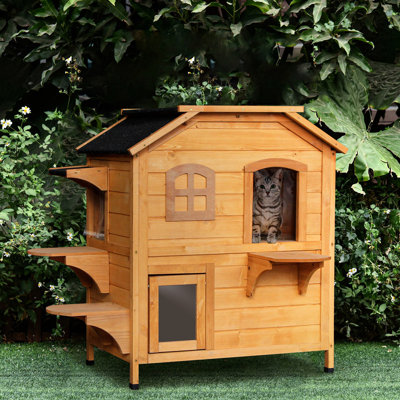 Maison pour chat à 2 étages pour l'extérieur - Enceinte en bois avec toit ouvrable et plateformes de saut d'extérieur pour chats
