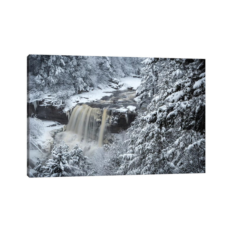 USA, West Virginia, Blackwater Falls State Park. Forest And Waterfall In Winter. by Jaynes Gallery - Wrapped Canvas Print