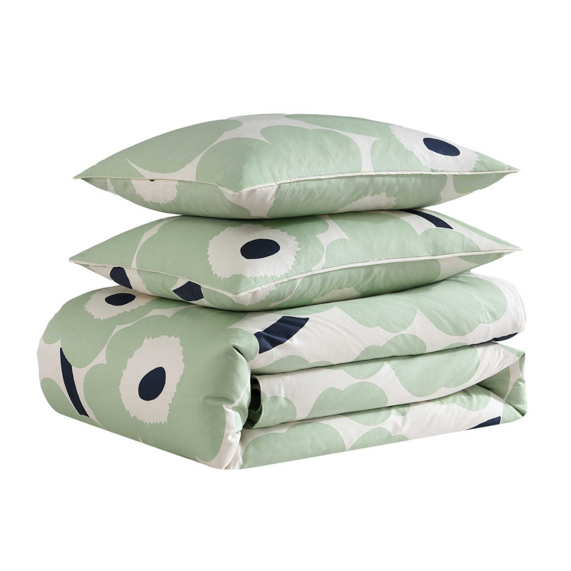Unikko Orange/Green/White Organic Cotton Duvet Cover Set, King Duvet Cover + 2 Standard Shams, Green/Black/White
