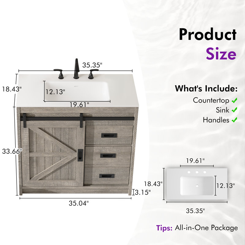 36" Farmhouse Single Sink Bathroom Vanity, Gray, Gray, 36"