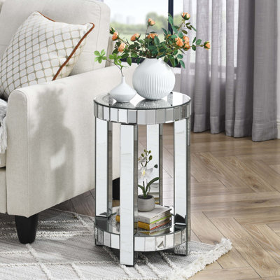 Mirror Round Table, 2-Layer Modern Small Sofa Table With Storage Space, Silver Decorative Table
