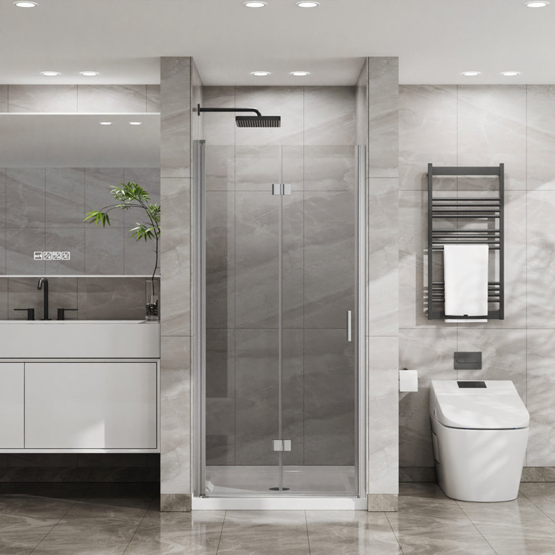 34"X 72" Frameless Glass Shower Door 1/4" Tempered Clear Glass Swing Shower Panel, Foldable, Chrome