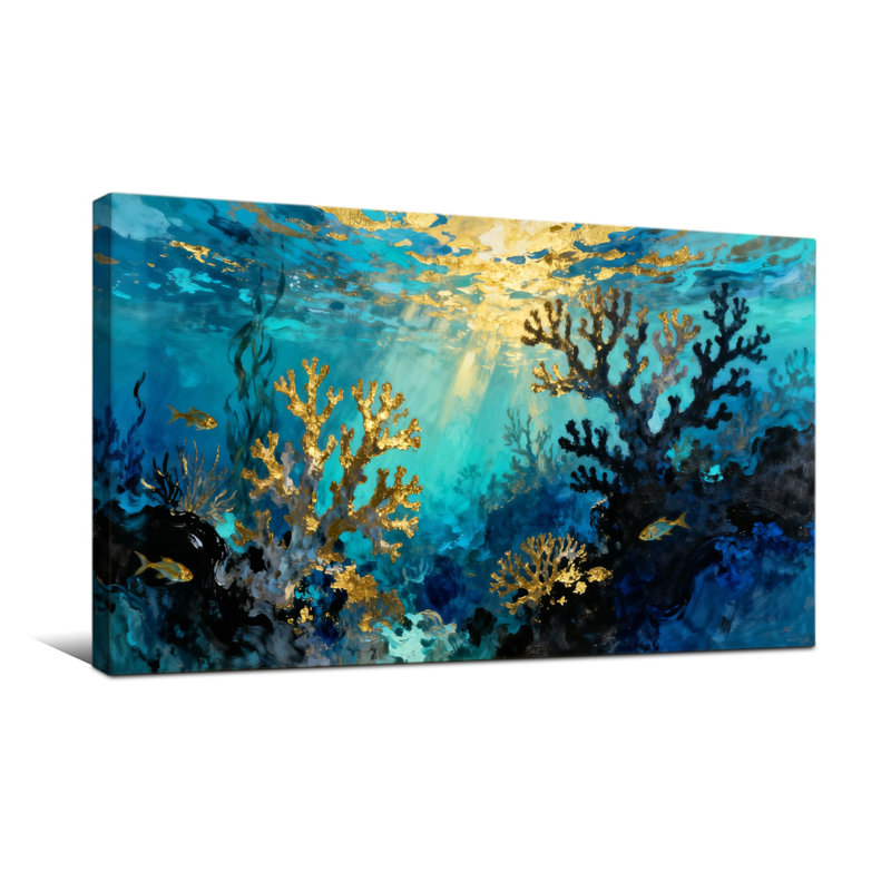 Nautique et plage sous l'eau, corail avec lumière du soleil et poisson, H 16 po x l 32 po