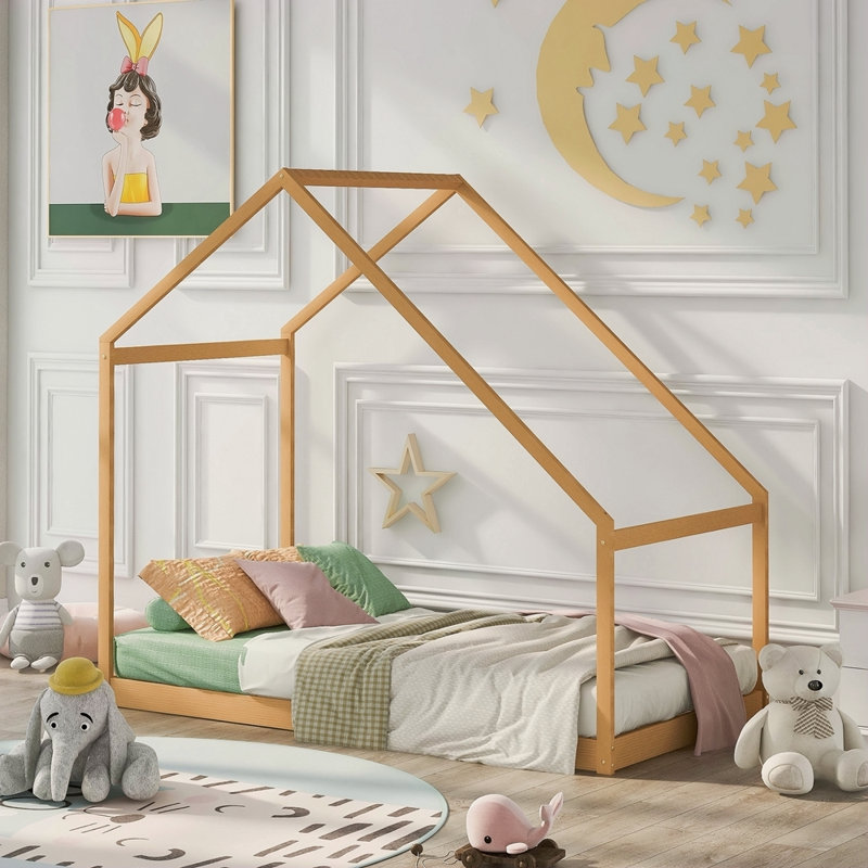 Lit maison en bois, Naturel, Lit simple