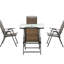 Table de salle à manger et chaises brun foncé, pliable et pliable compatible avec parasol, 5 trous, table en verre trempé