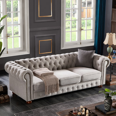 Grey Linen Fabric Seat, Strong Solid Wood & Metal Support, 88.5" Long X 37" Wide 28" High, Cushioning , Tone, And Framework, 88.5"l 37"w 28"h, Relaxing Seating Area