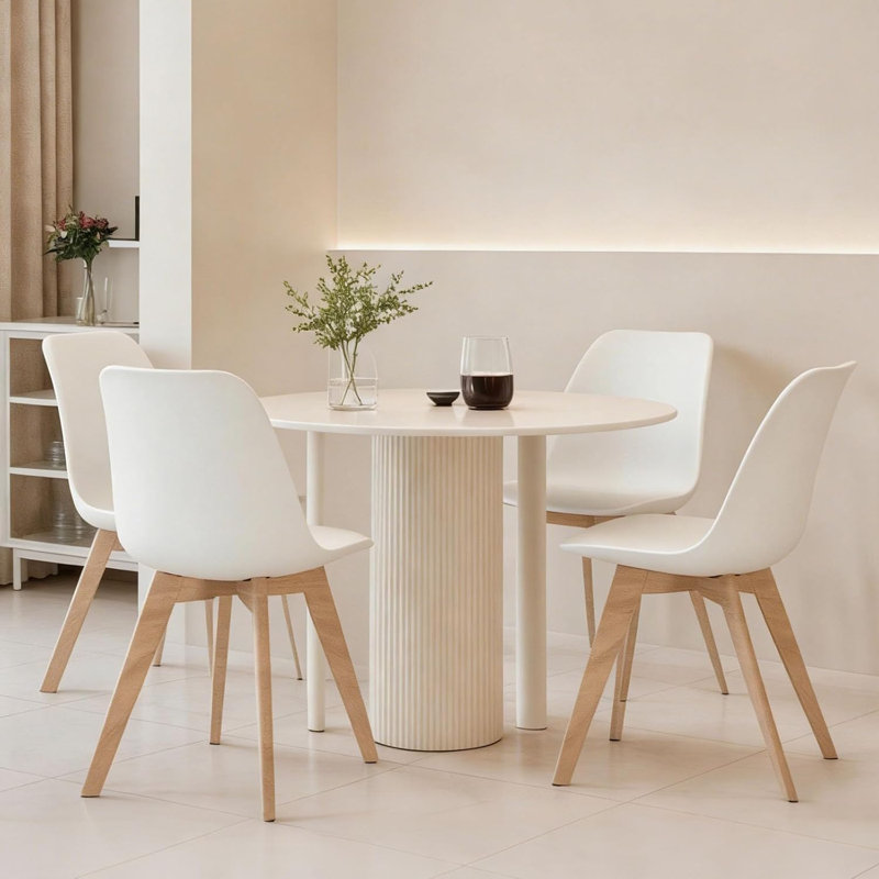  Dining Chairs Set Of 4, Mid Century Modern Kitchen Chairs With PU Leather Seat & Wood Legs For Indoor Outdoor Use, White