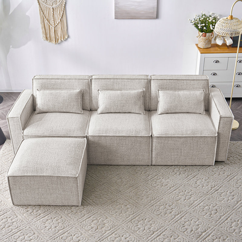 Taufner Upholstered L-Shaped Sectional Reversible, Beige 100% Linen