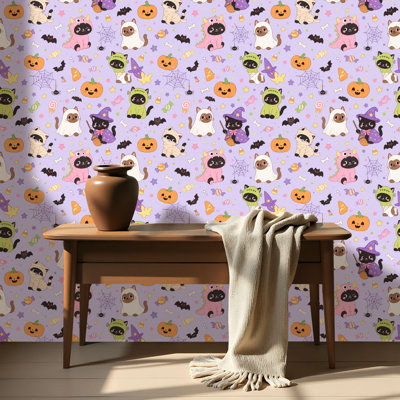 Papier peint auto-adhésif pour chat Mignon chats d'Halloween décorations effrayantes mauve auto-adhésif et amovible 17,7 po x 118 po (45 x 300 cm)