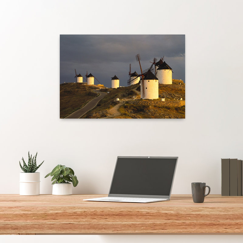 Old Traditional Windmills On Hills, Consuegra, Castilla La Mancha, Spain Contemporary Architecture Wall Art