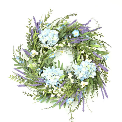 24" Artificial Farmhouse Spring Summer Blossom Cluster Greenery Foliage Berry Hydrangea Front Door Wreath