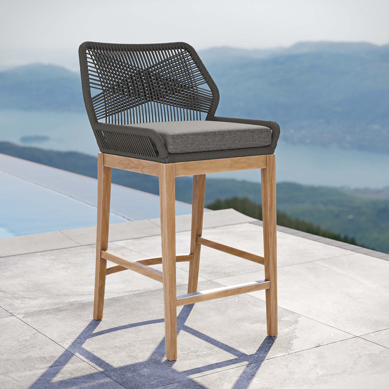 Graphite Blue Teak Wood Outdoor Bar Stool with Cushions