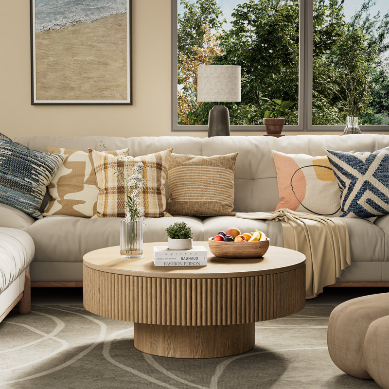 Talyth Circular Solid Wood Coffee Table with Gloss Finish, Brown, 13" H x 31" W x 31" D