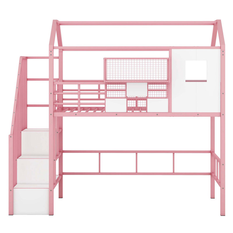 Lit mezzanine simple en métal avec toit en forme de maison et boîte de rangement externe pratique, rose, Rose