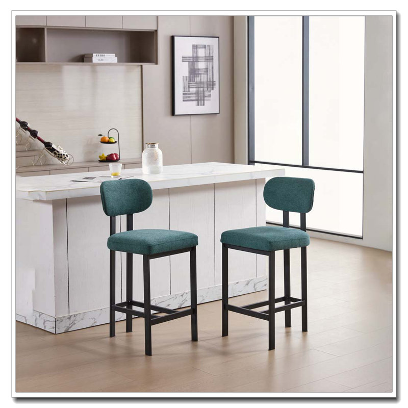 Tabouret de bar rembourré en tissu avec pieds en métal noir pour salle à manger / îlot de cuisine / bar, Vert antique