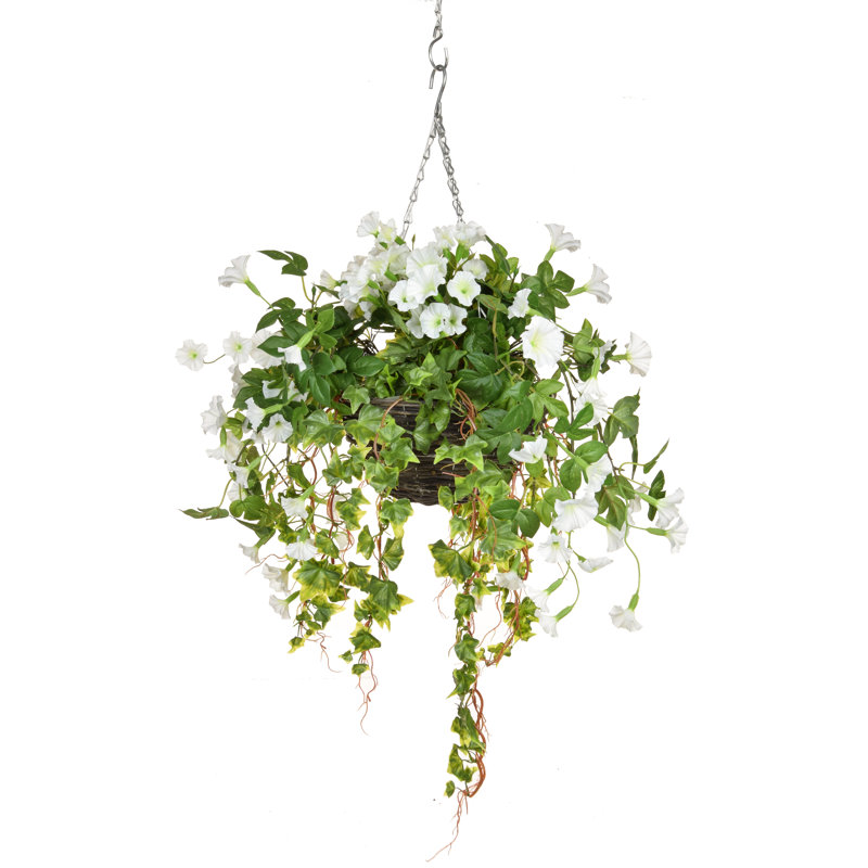 Faux Flowering Plant in Wood Basket, 70cm H x 40cm W x 40cm D, White