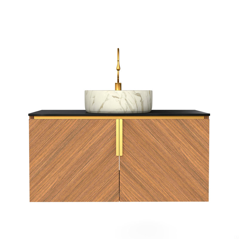 36" Bathroom Vanity&Sink, Wall-Mounted Plywood Bathroom Storage Cabinet With Double Doors, Sintered Stone Countertop&White Round Ceramic Basin With Stone Pattern