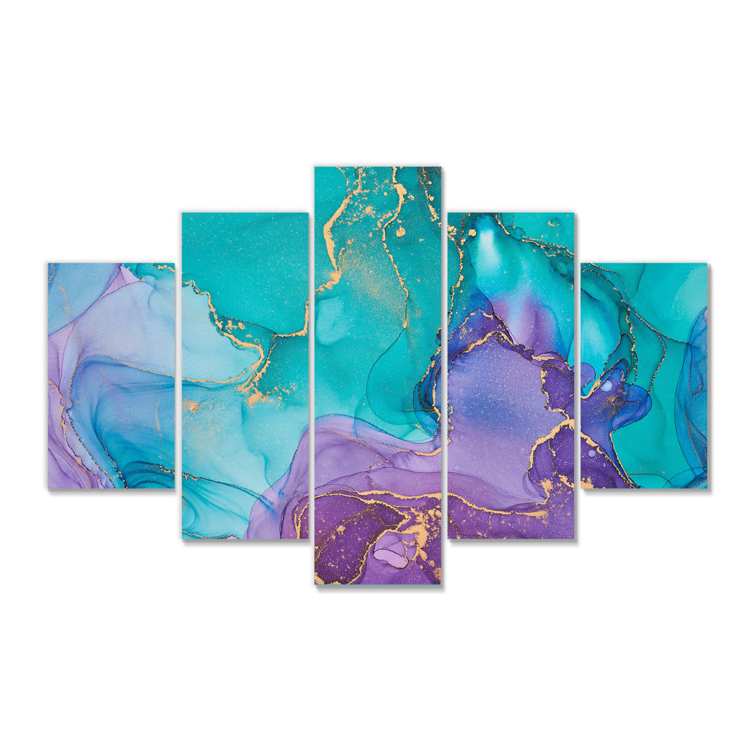 " Turquoise And Purple Liquid Art I " 5 - Pieces Design Art