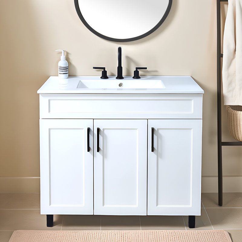 Meuble-lavabo simple 36 po à 3 portes avec plateau en céramique 36 po, Blanc, Noir, noir, noir, noir