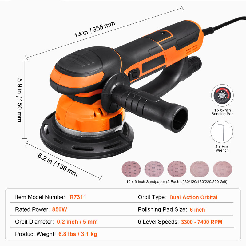Random Orbital Sander 6'' DA & GA Dual-Action Sander 10 PCS Sandpapers