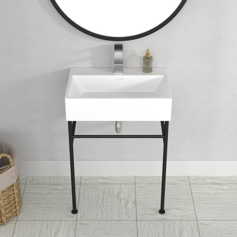 Lavabo de salle de bain console rectangulaire avec trop-plein, Blanc