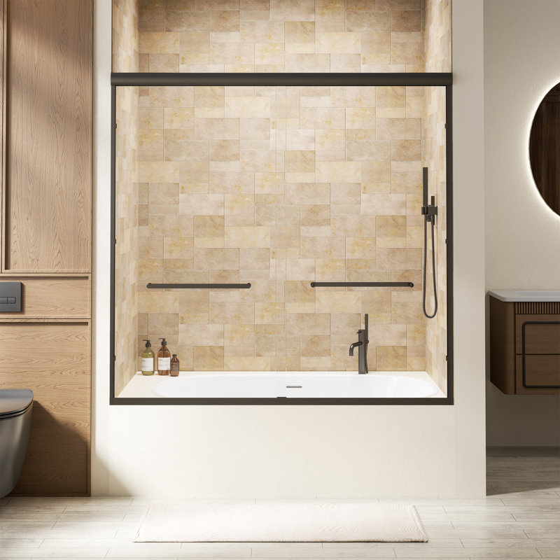56"-60" W x 57" H  Double Sliding Tub Door Aluminum Frame with 1/4" (6mm) Clear Tempered Glass,Stainless Steel Door Handles and Silent Casters,Matte Black