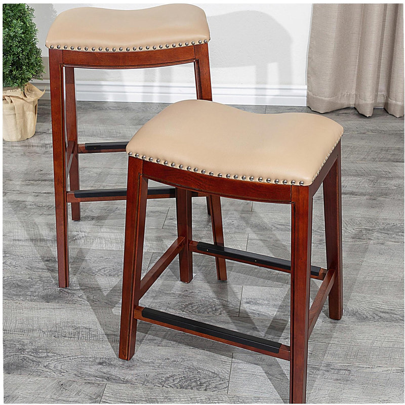 30" Bar Stool, Cherry Finish, Bone Leather Seat, Beige, Cherry