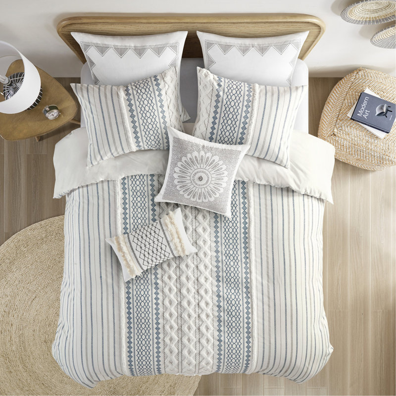 Ensemble de housse de couette en coton double / grand avec chenille, Bleu, Housse de couette grand / double + 2 taies décora