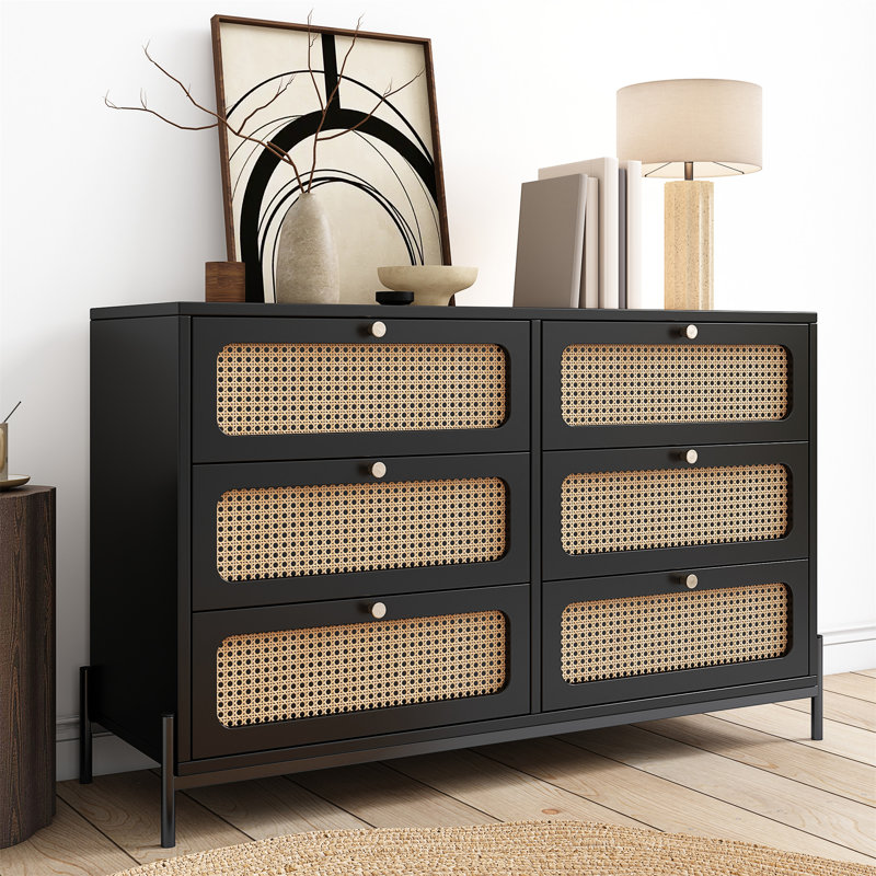 Buffet en bois et rotin avec commode à 6 tiroirs Bronislawa, Noir, noir, noir, noir