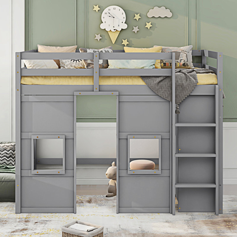 Lit mezzanine en bois avec garde-robe de rangement intégré et 2 fenêtres, Gris