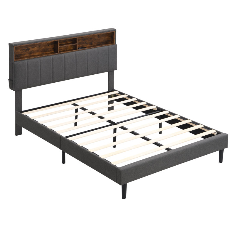  Upholstered Platform Bed with Storage Headboard and USB Port, Modern and Practical Linen Fabric Bed