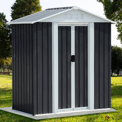 5Ft X 3Ft Grey Outdoor Metal Shed With Pointed Roof, Overlapping Wall Panels, Waterproof, For Storing Workshop Tools And Firewood 71.11 In High Sliding Door Garden Shed, Roof Design, Ventilated, - ,