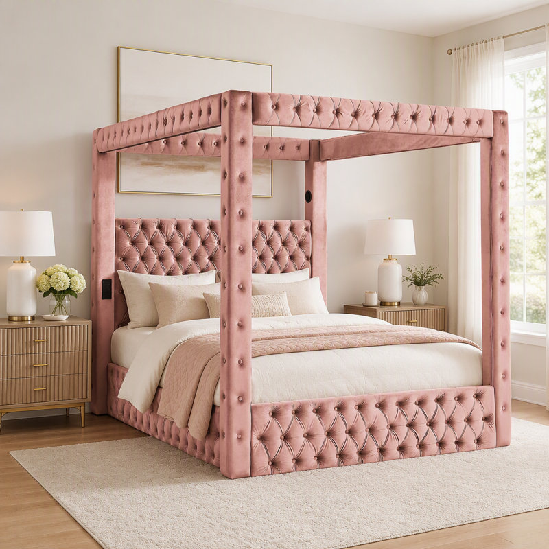 Lit à baldaquin Queen Size, lit plateforme recouvert de velours avec tête de lit capitonnée., Rose