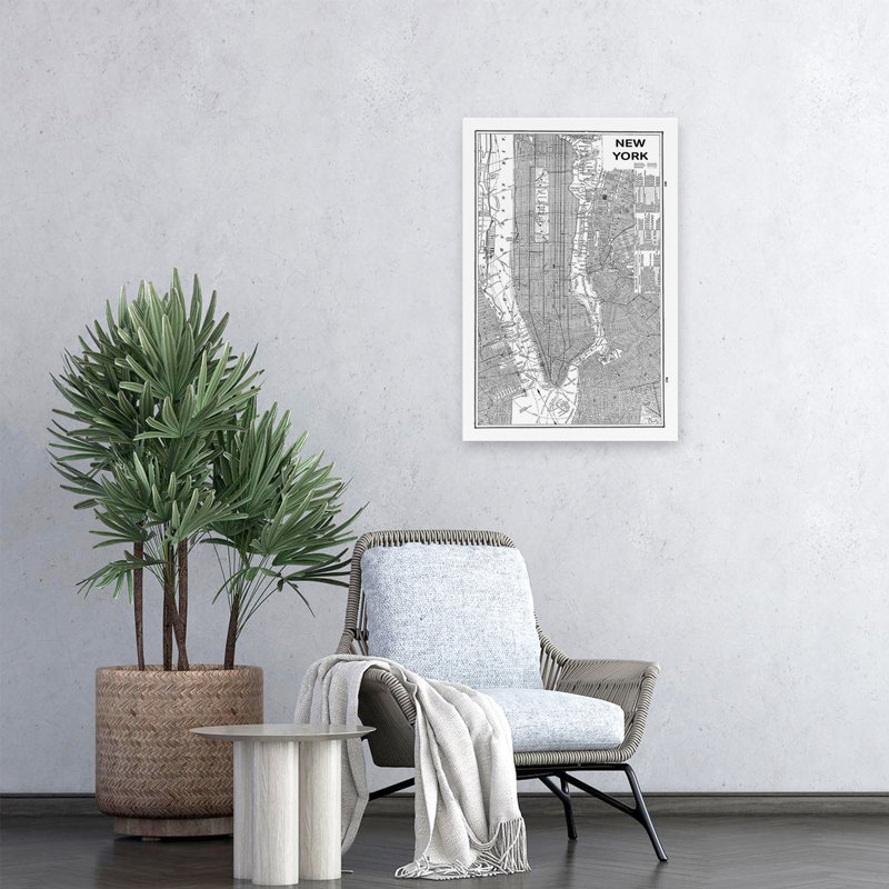 Carte inversée de New York, plan contemporain noir, noir et blanc de Manhattan, H 24 po x l 16 po