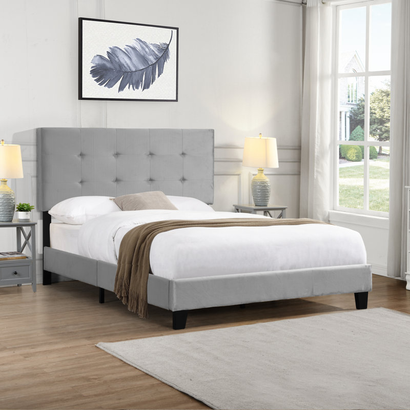 Upholstered Platform Bed Frame with Button Tufted Linen Fabric Headboard, No Box Spring Needed, Wood, Full/Double