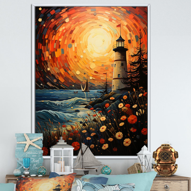 Art mural sur toile, "Phare du pointillisme III", H 44 po x l 34 po, Cadre flottant blanc